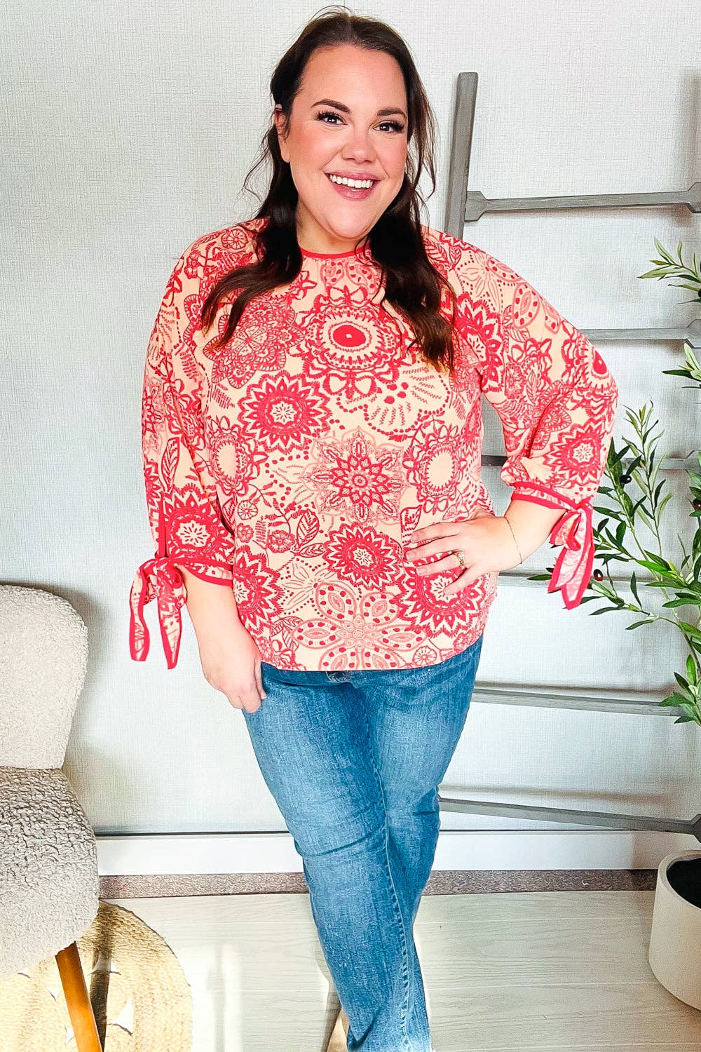 Be Bold Red & Coral Floral Long Sleeve Bow Tie Contrast Binding Top (Open Pack): Medium
