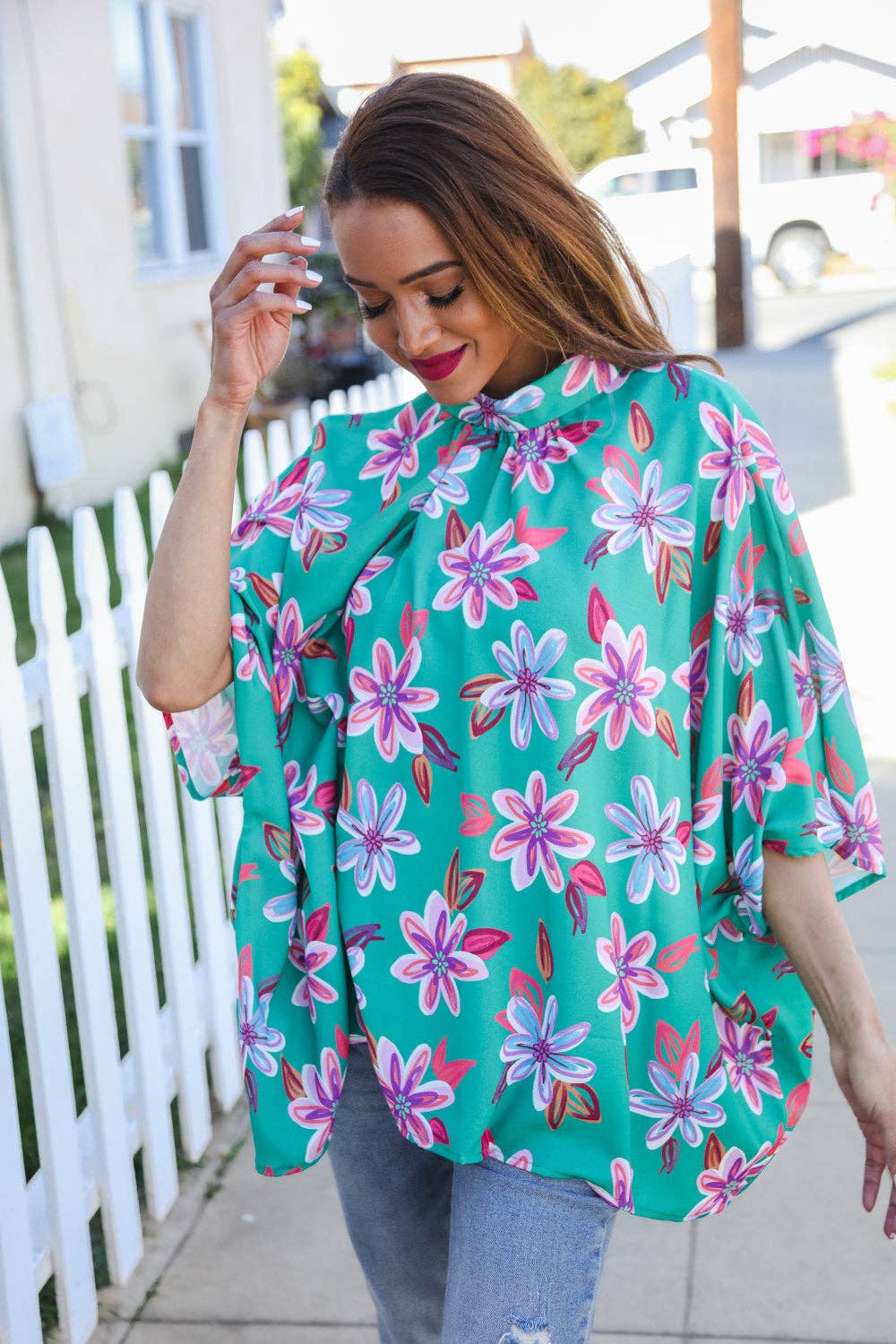 Vacay Vibes Green Floral Dolman Bat Sleeve Bow Blouse (Open Pack): Medium
