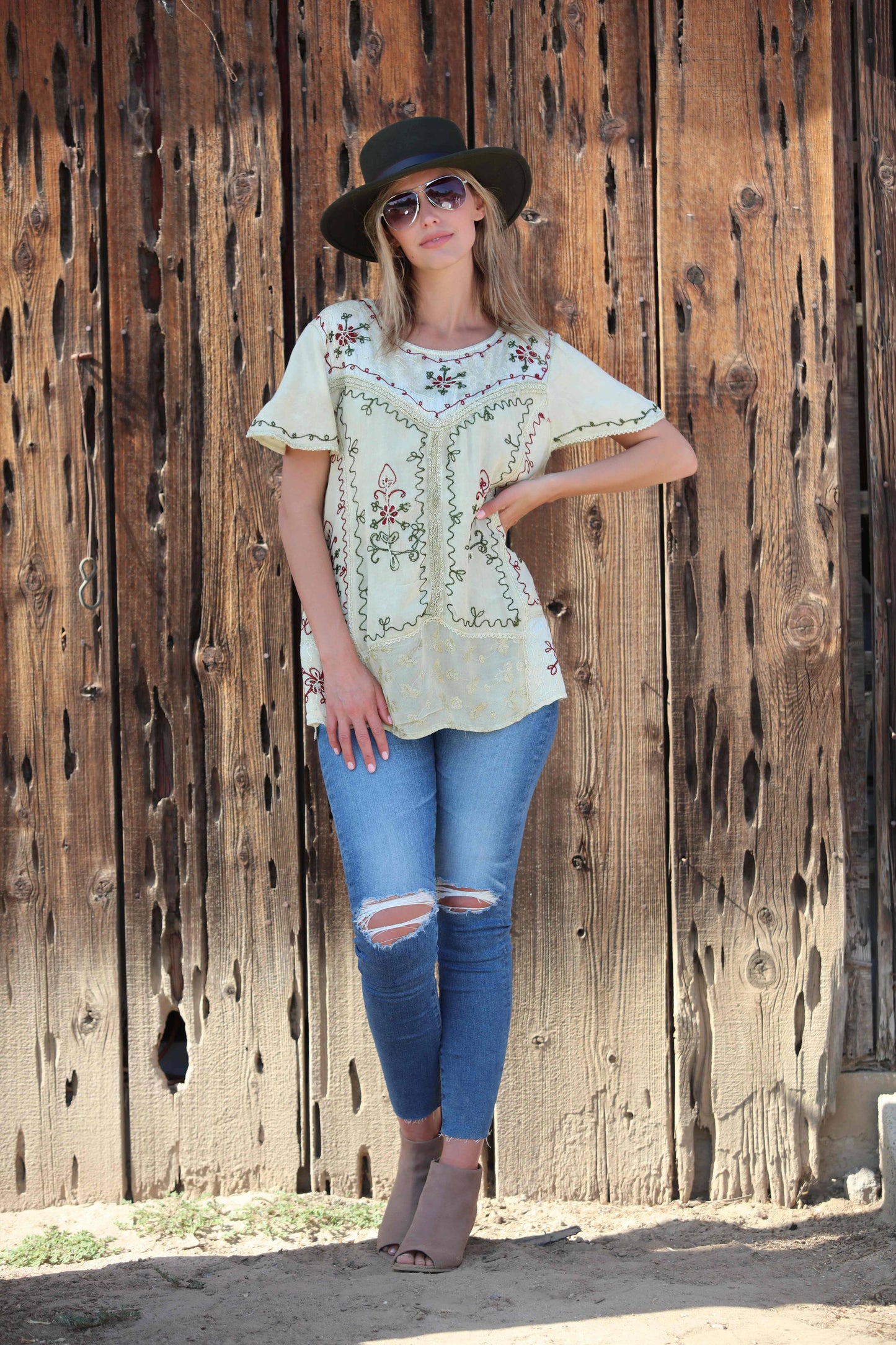 Round Neck Jewel Tone Embroidered Unique Tunic : Tan / One Size