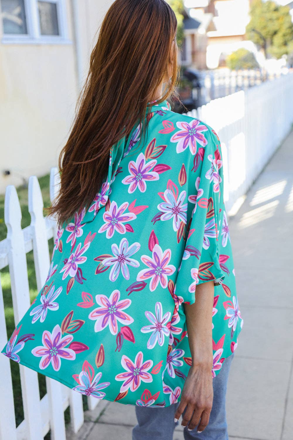 Vacay Vibes Green Floral Dolman Bat Sleeve Bow Blouse (Open Pack): Medium