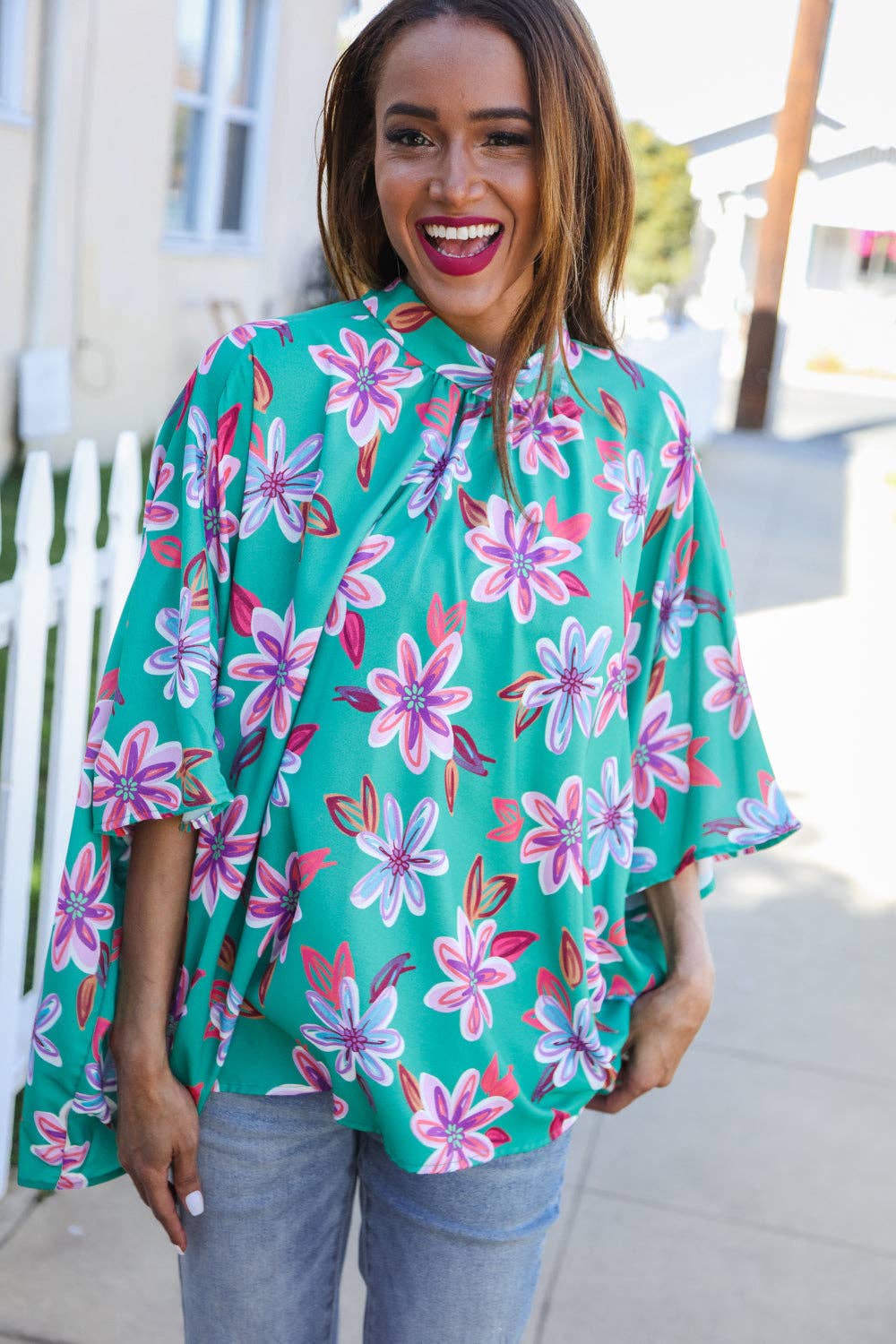 Vacay Vibes Green Floral Dolman Bat Sleeve Bow Blouse (Open Pack): Medium