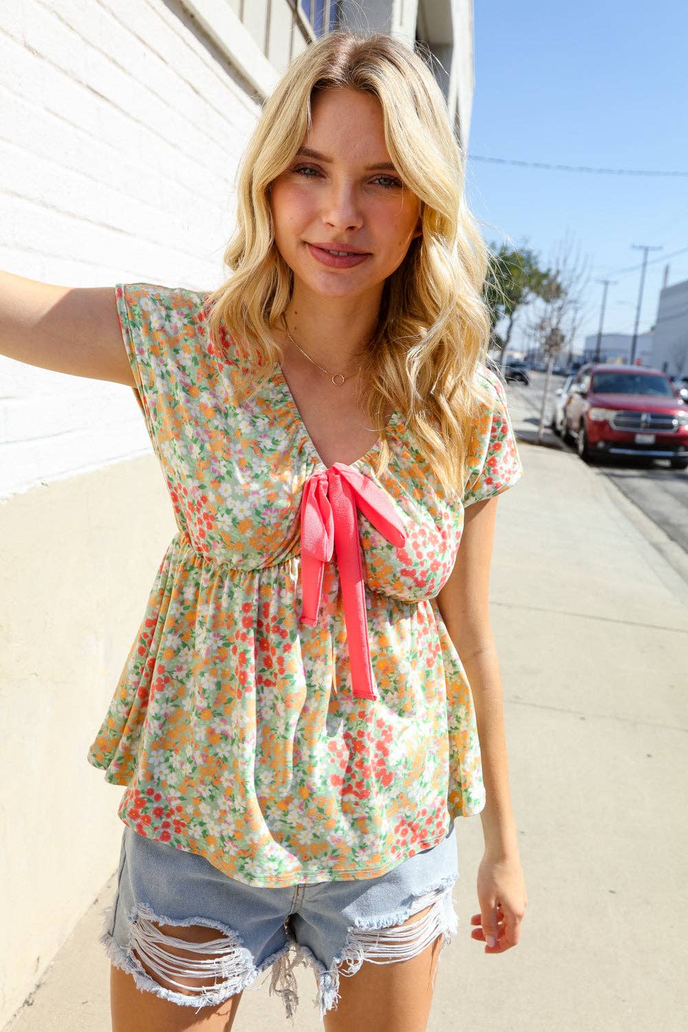 Be Charming Sage Floral Print Elastic Neck Ribbon Bow Tie Top (Open Pack): Large