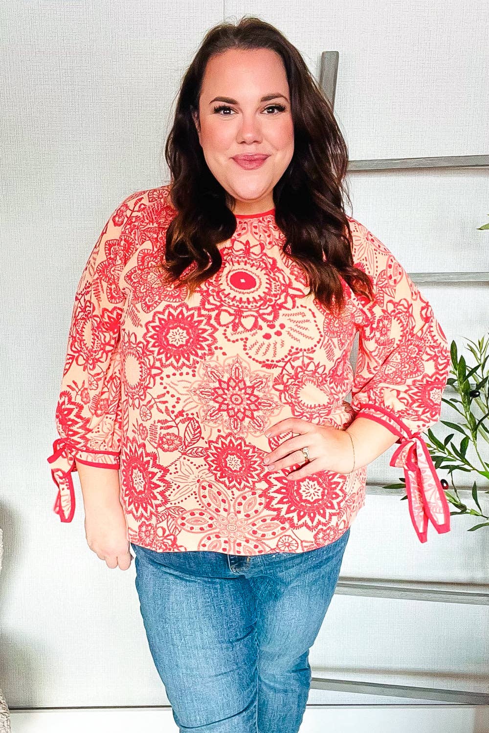 Be Bold Red & Coral Floral Long Sleeve Bow Tie Contrast Binding Top (Open Pack): Medium