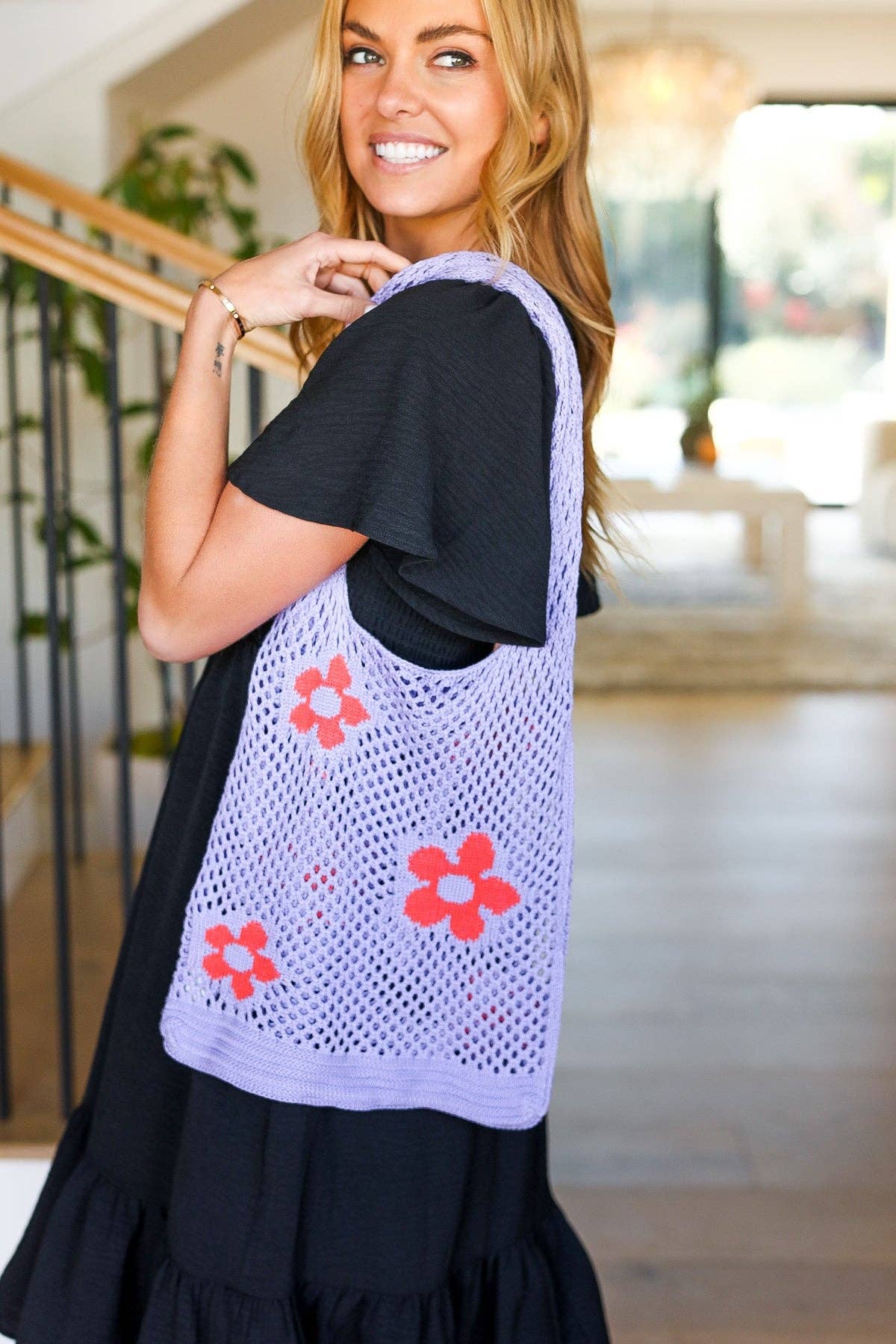 Lavender & Orange Floral Crochet Tote Bag (Open Pack): One Size Fits All