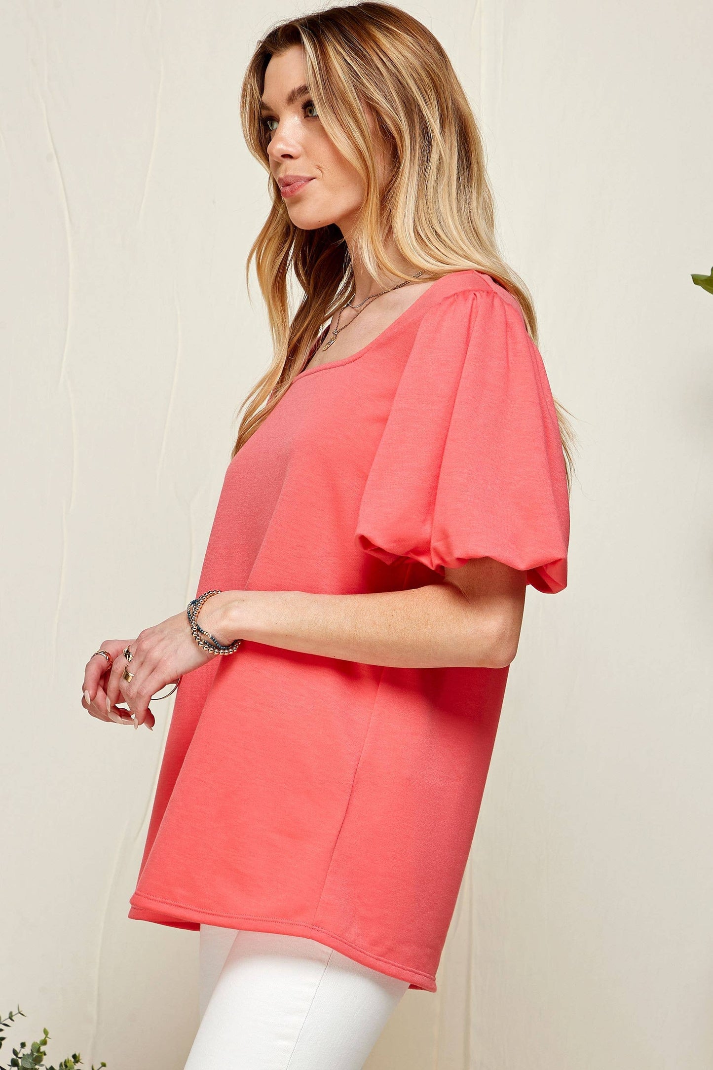 SPT5094 - WOMEN PUFF SHORT SLEEVE SQUARE NECK TOP: CORAL / M