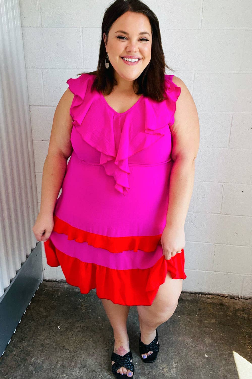 Fuchsia Ruffle V Neck Crepe Tiered Midi Dress (Open Pack): 2X