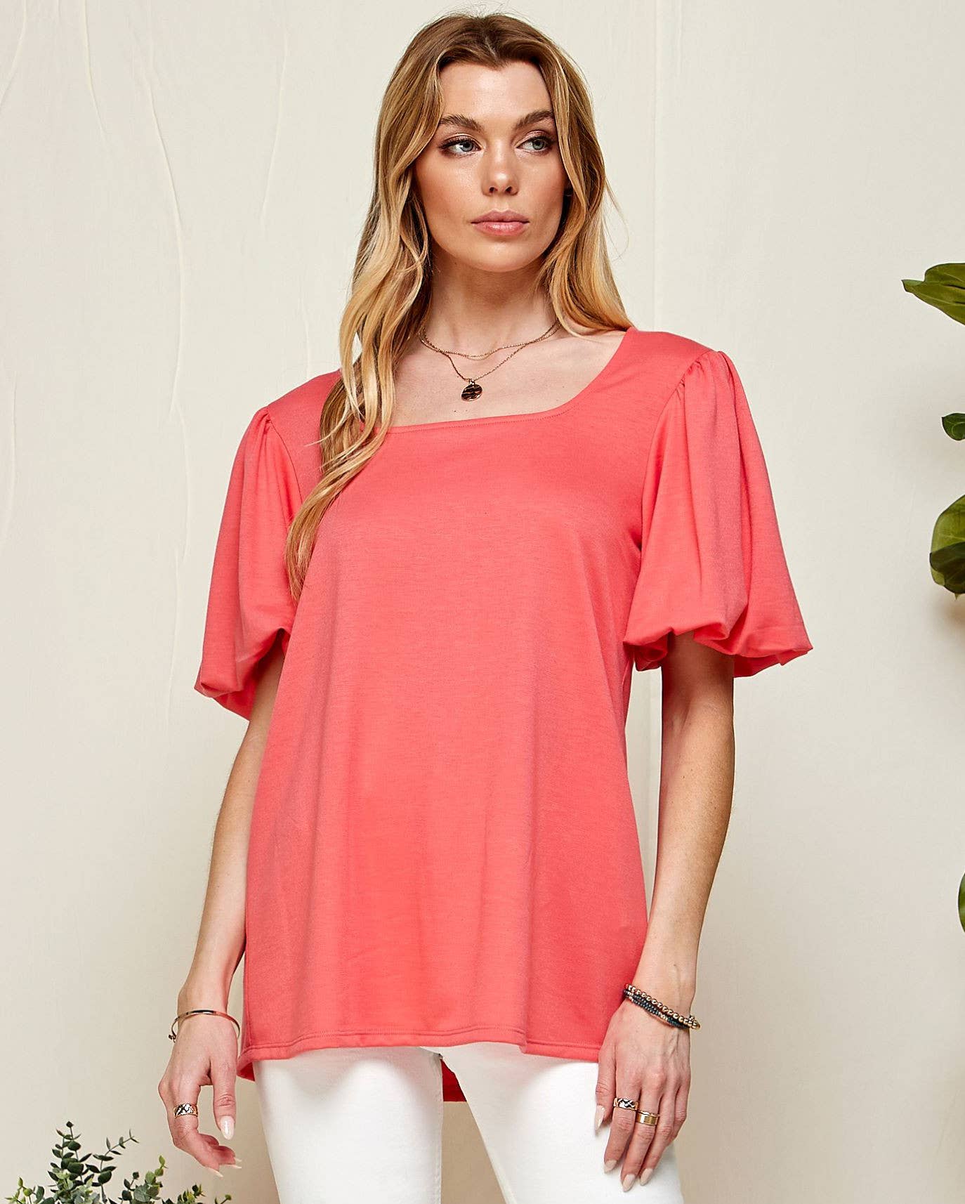 SPT5094 - WOMEN PUFF SHORT SLEEVE SQUARE NECK TOP: CORAL / S