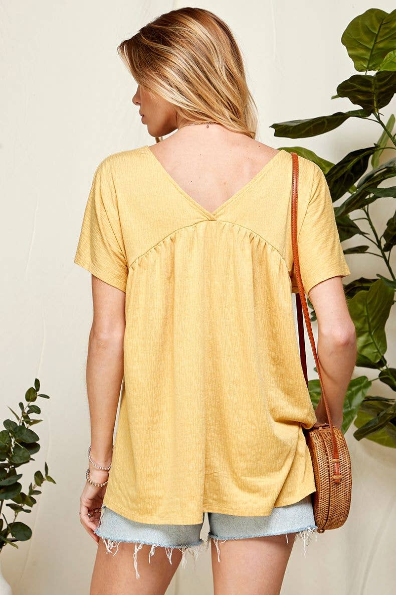 ST21043A - WOMEN SOLID SOFT V NECK BABY DOLL BLOUSE: BLUSH / L