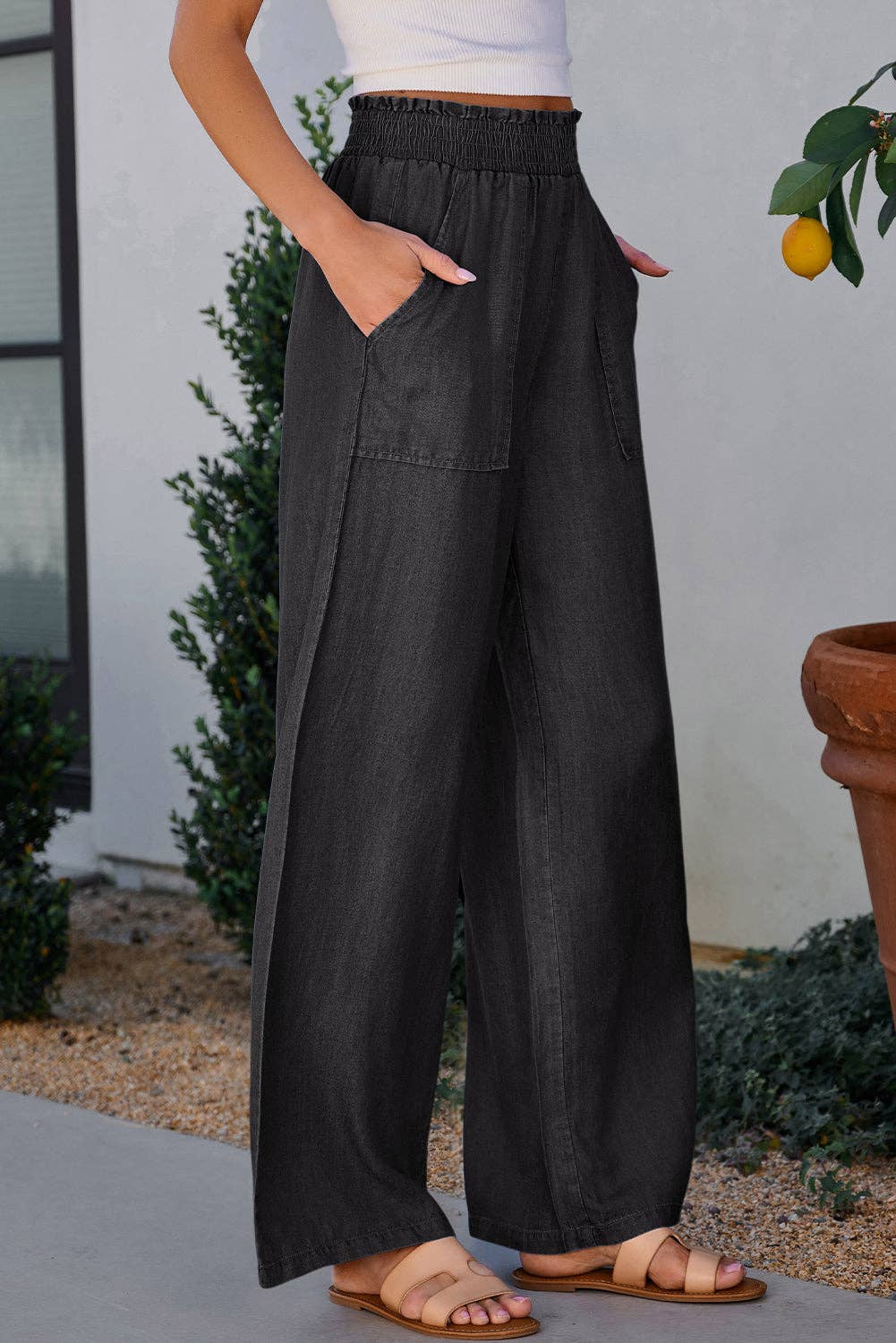 Chambray Smocked High Waist Jeans: Black / L