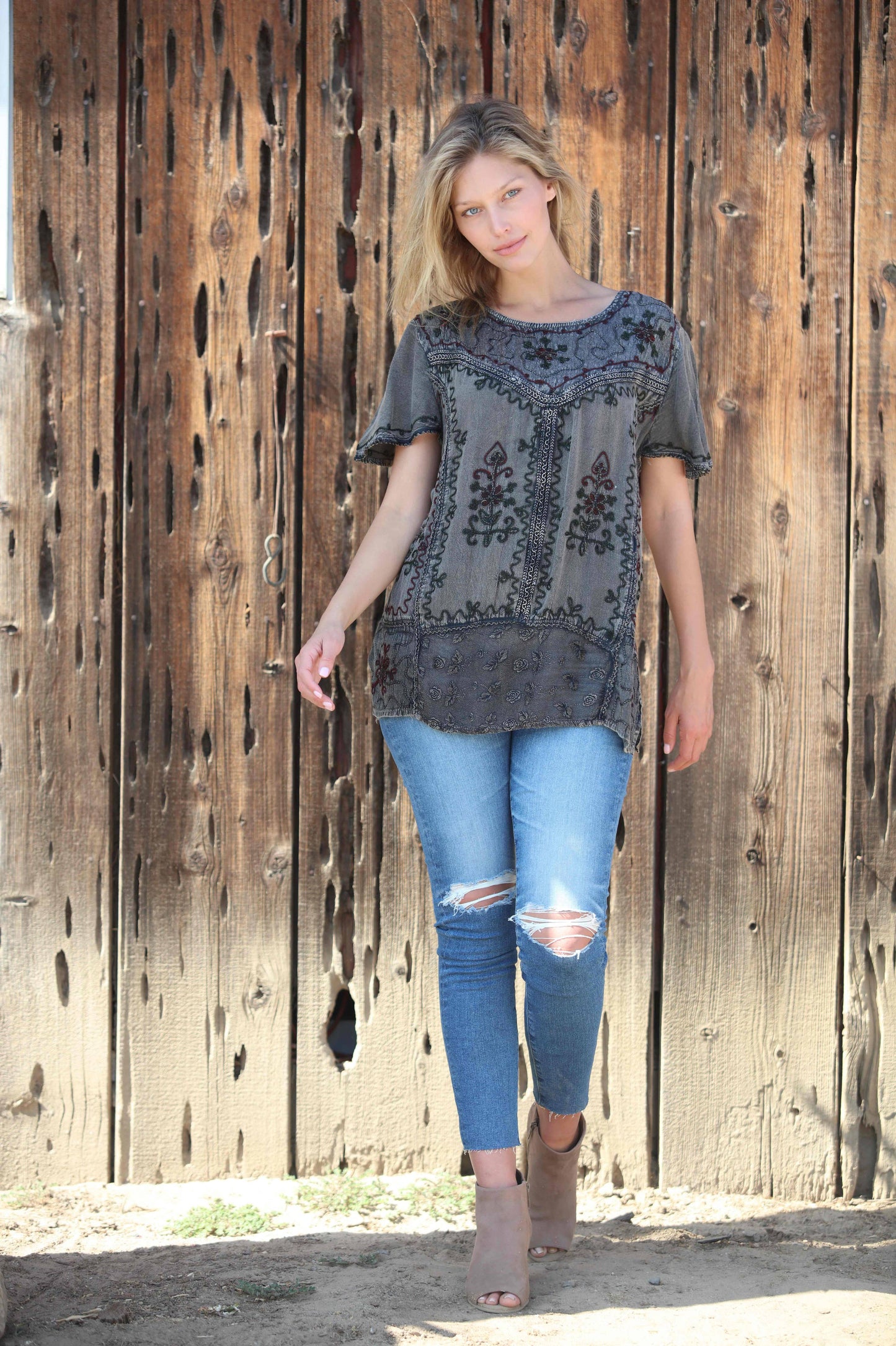 Round Neck Jewel Tone Embroidered Unique Tunic : Tan / One Size