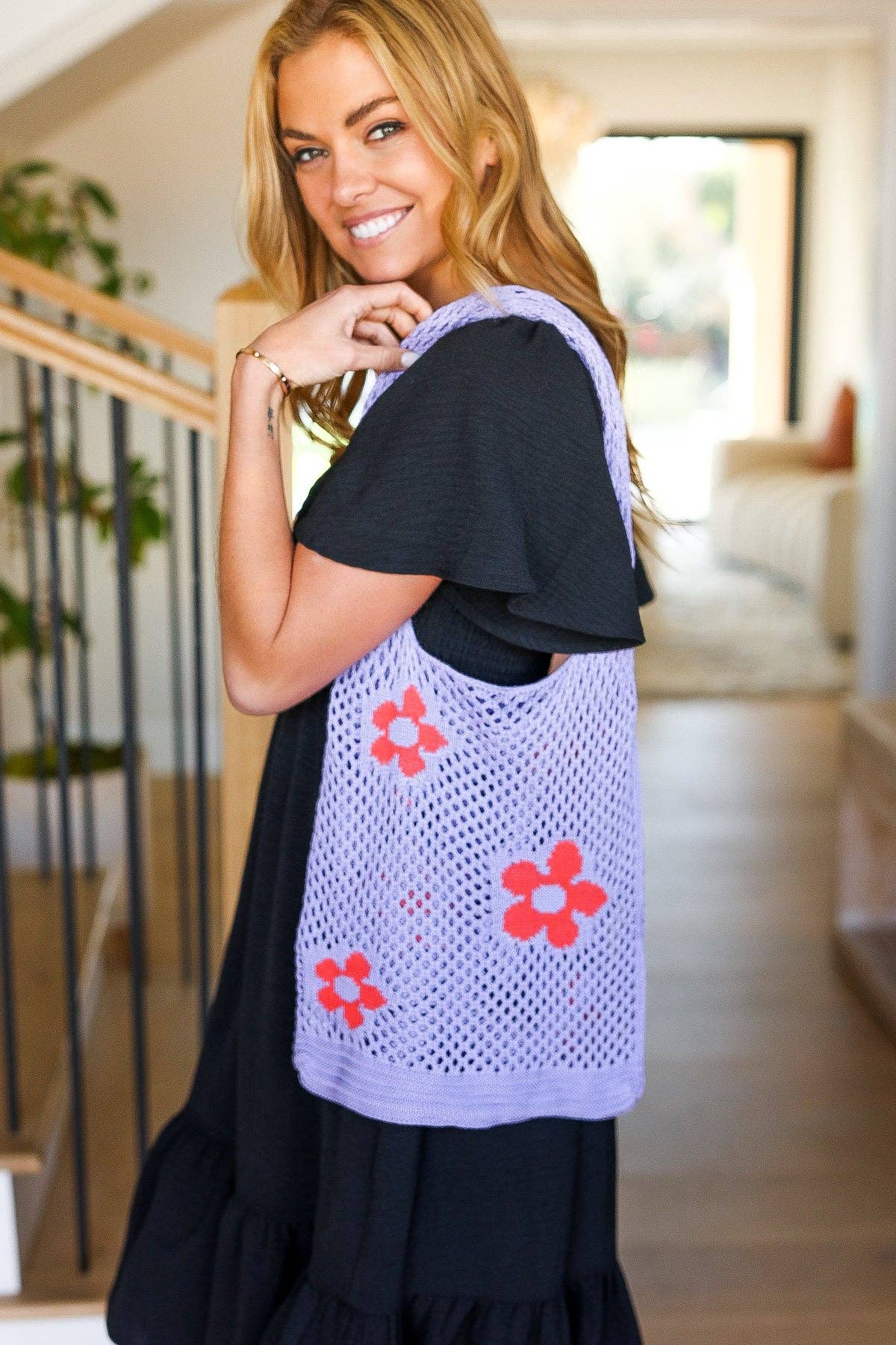 Lavender & Orange Floral Crochet Tote Bag (Open Pack): One Size Fits All
