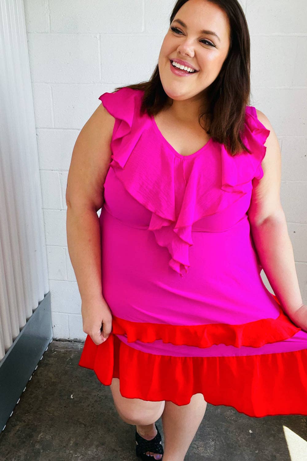 Fuchsia Ruffle V Neck Crepe Tiered Midi Dress (Open Pack): 2X