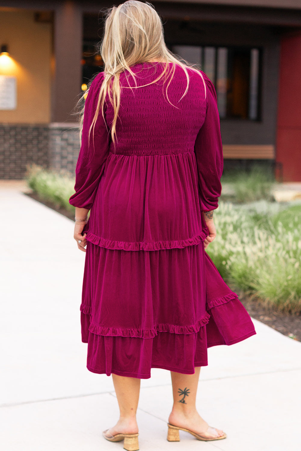 Rose Red Shirred V Neck Tiered Ruffled Velvet Plus Size Maxi Dress