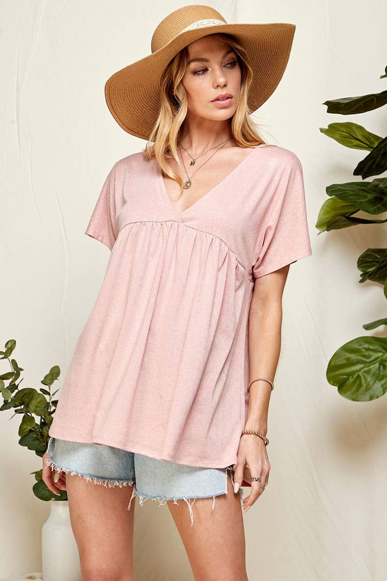 ST21043A - WOMEN SOLID SOFT V NECK BABY DOLL BLOUSE: BLUSH / M