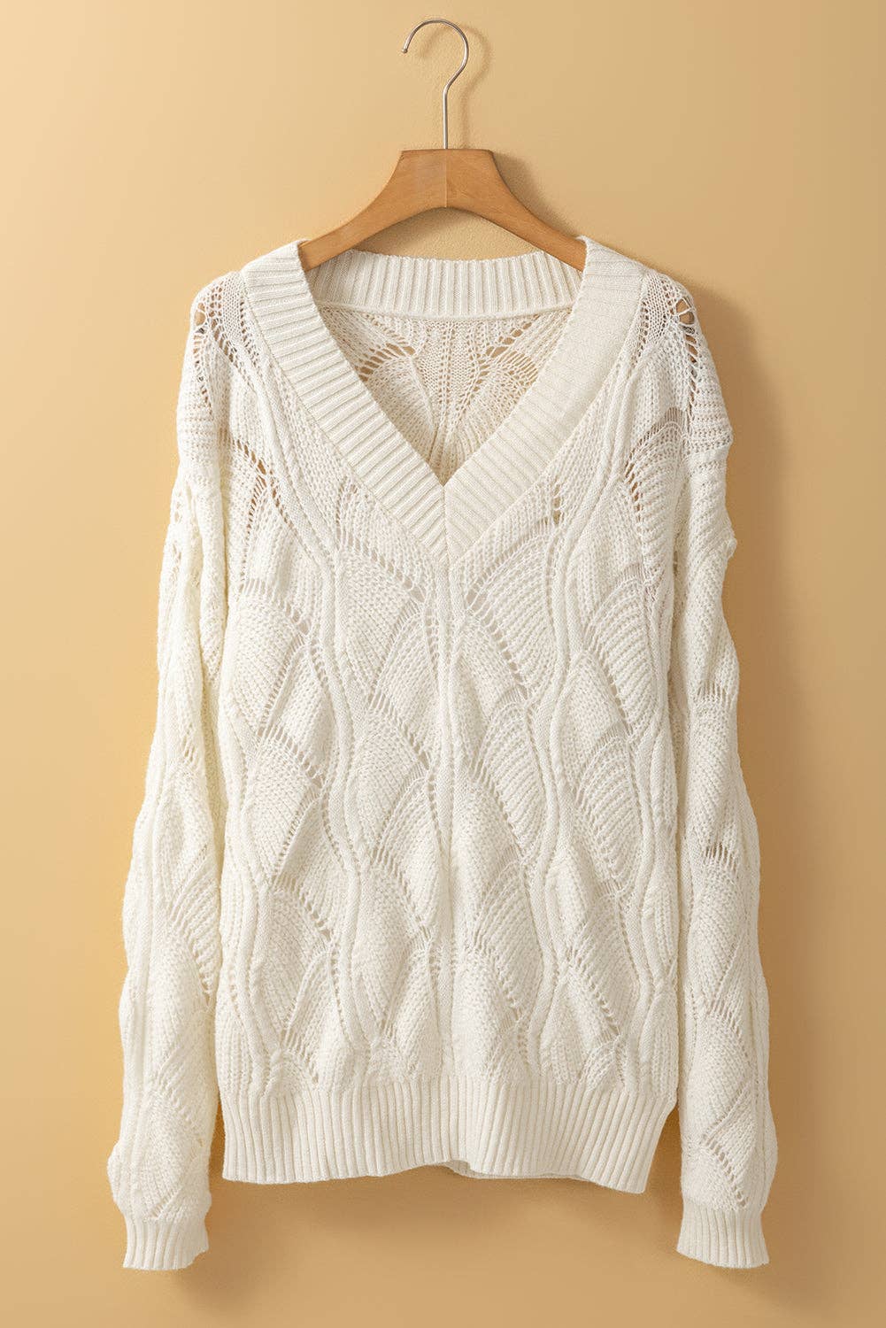 Hollowed Knit V-Neck Sweater: Beige / L