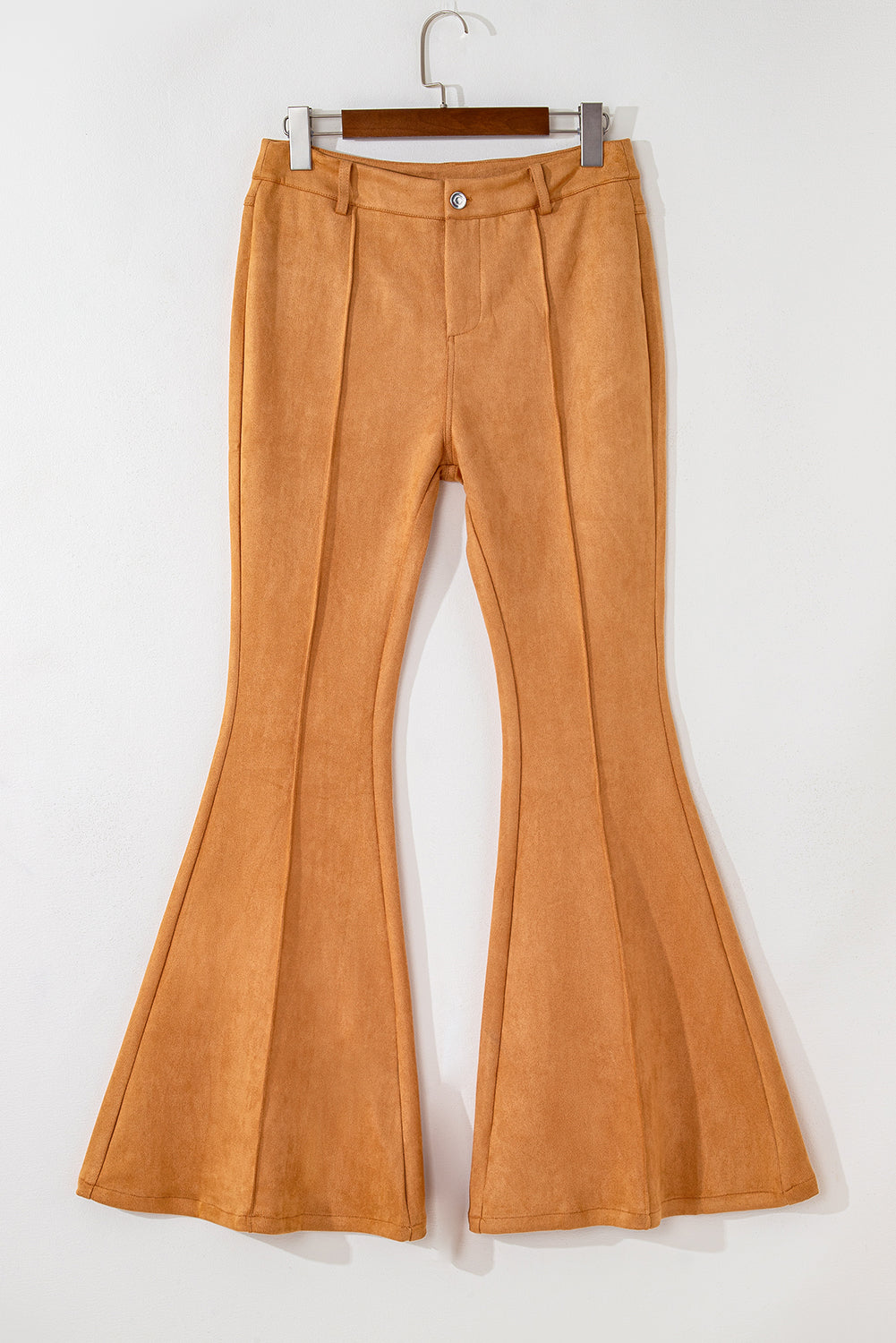 Brown Exposed Seam Flare Suede Pants with Pockets