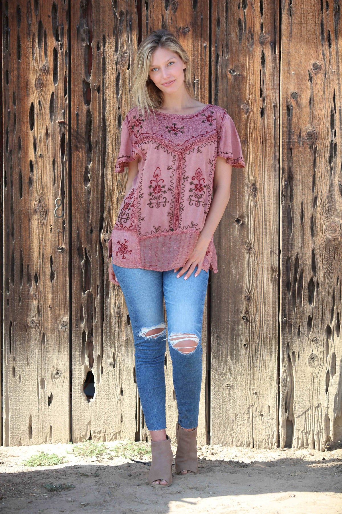 Round Neck Jewel Tone Embroidered Unique Tunic : Black / One Size Plus