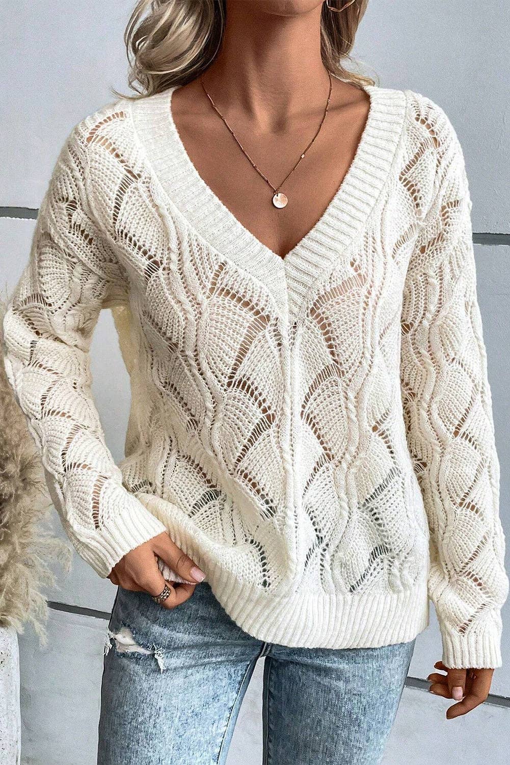 Hollowed Knit V-Neck Sweater: Beige / L