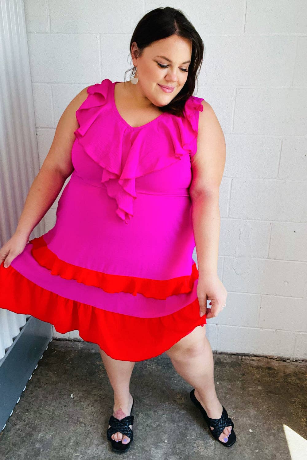 Fuchsia Ruffle V Neck Crepe Tiered Midi Dress (Open Pack): 2X
