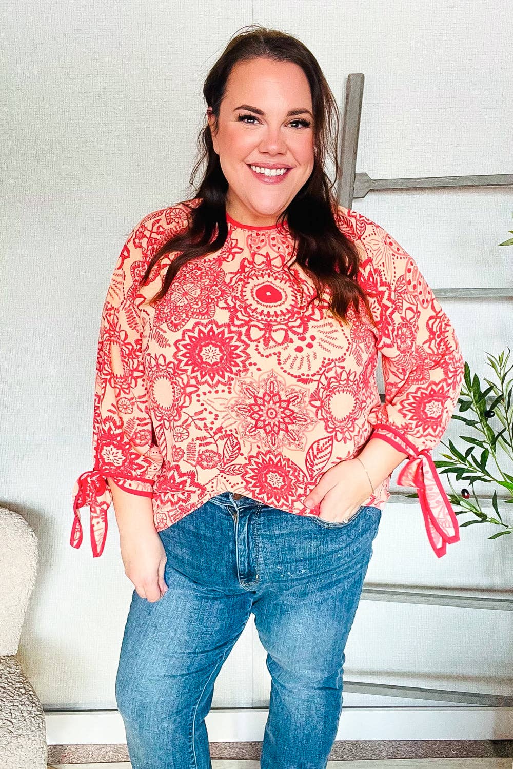 Be Bold Red & Coral Floral Long Sleeve Bow Tie Contrast Binding Top (Open Pack): Medium