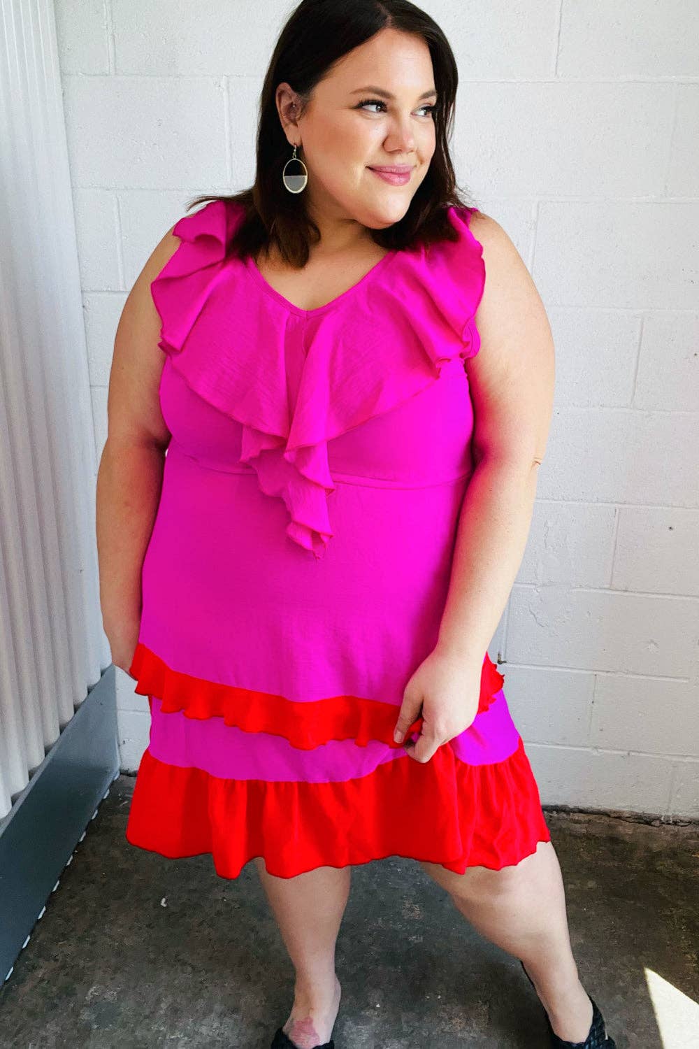 Fuchsia Ruffle V Neck Crepe Tiered Midi Dress (Open Pack): 2X