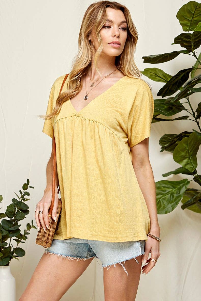 ST21043A - WOMEN SOLID SOFT V NECK BABY DOLL BLOUSE: BLUSH / S