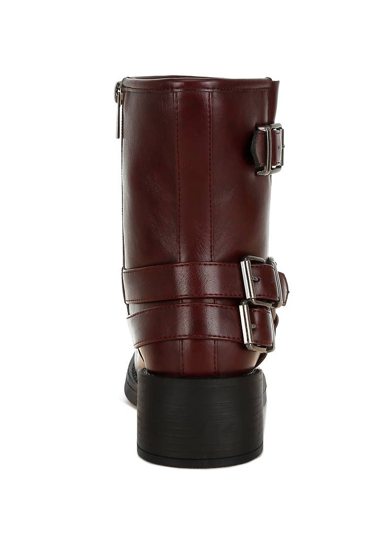Caribou Harness Detail Biker Boots: Burgundy / US-7 / UK-5 / EU-38
