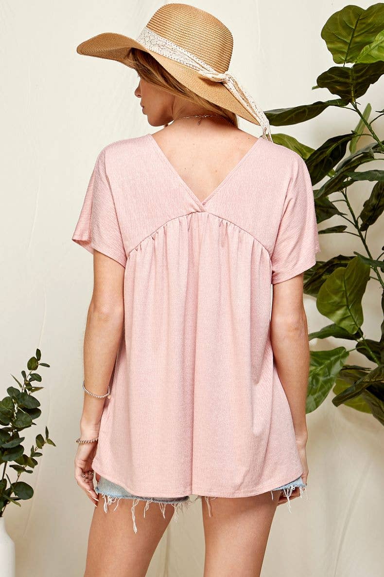 ST21043A - WOMEN SOLID SOFT V NECK BABY DOLL BLOUSE: YELLOW / L
