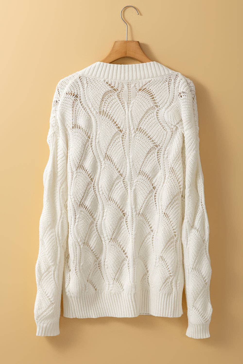 Hollowed Knit V-Neck Sweater: Beige / L