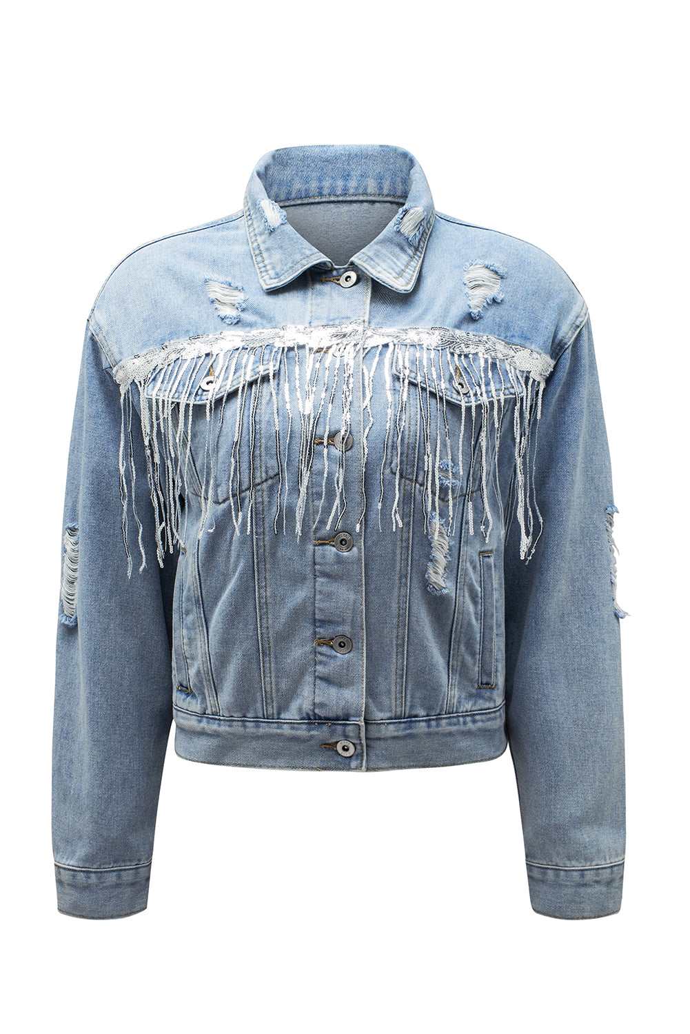 Sky Blue Sequin Embellished Fringe Distressed Denim Jacket