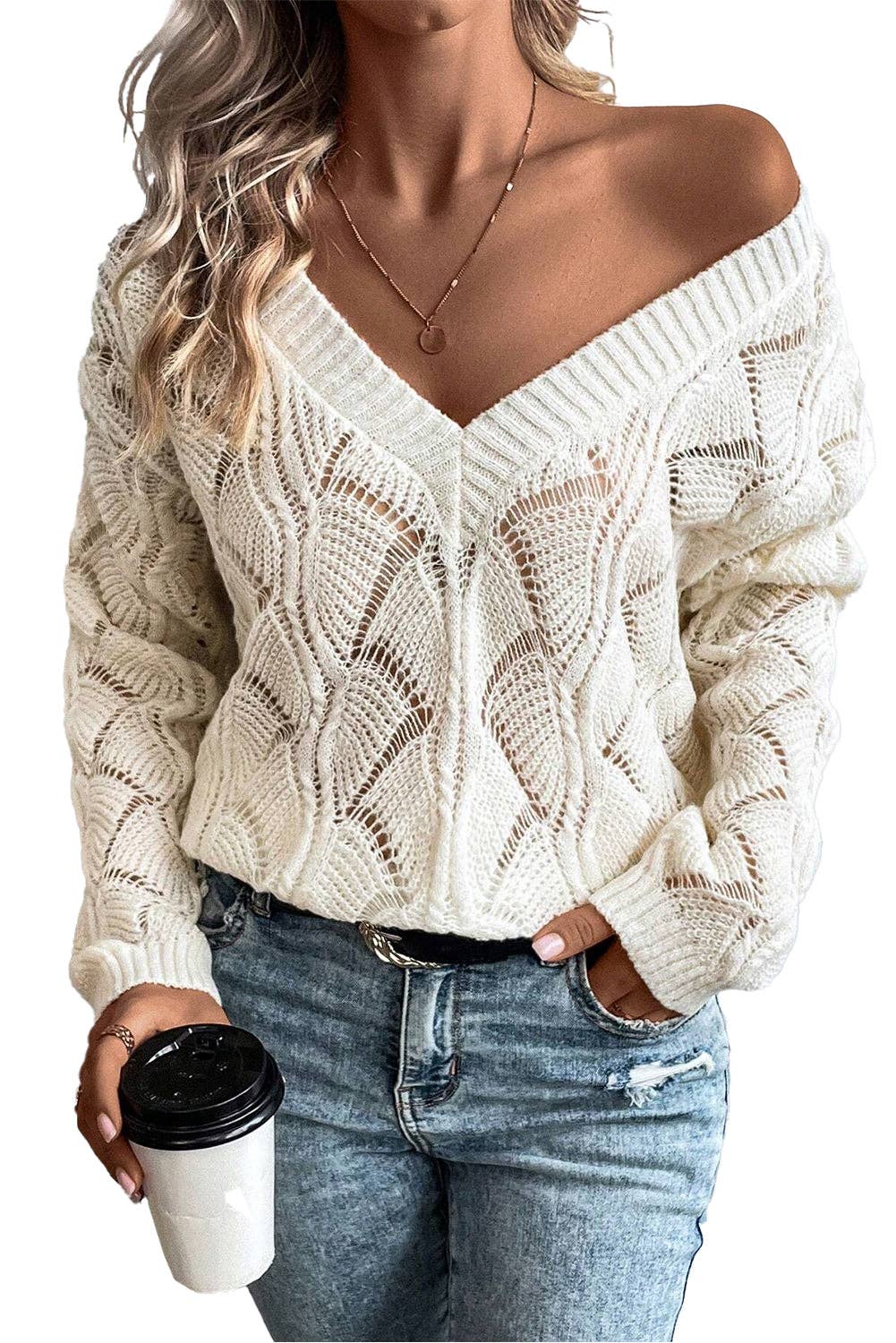 Hollowed Knit V-Neck Sweater: Beige / L