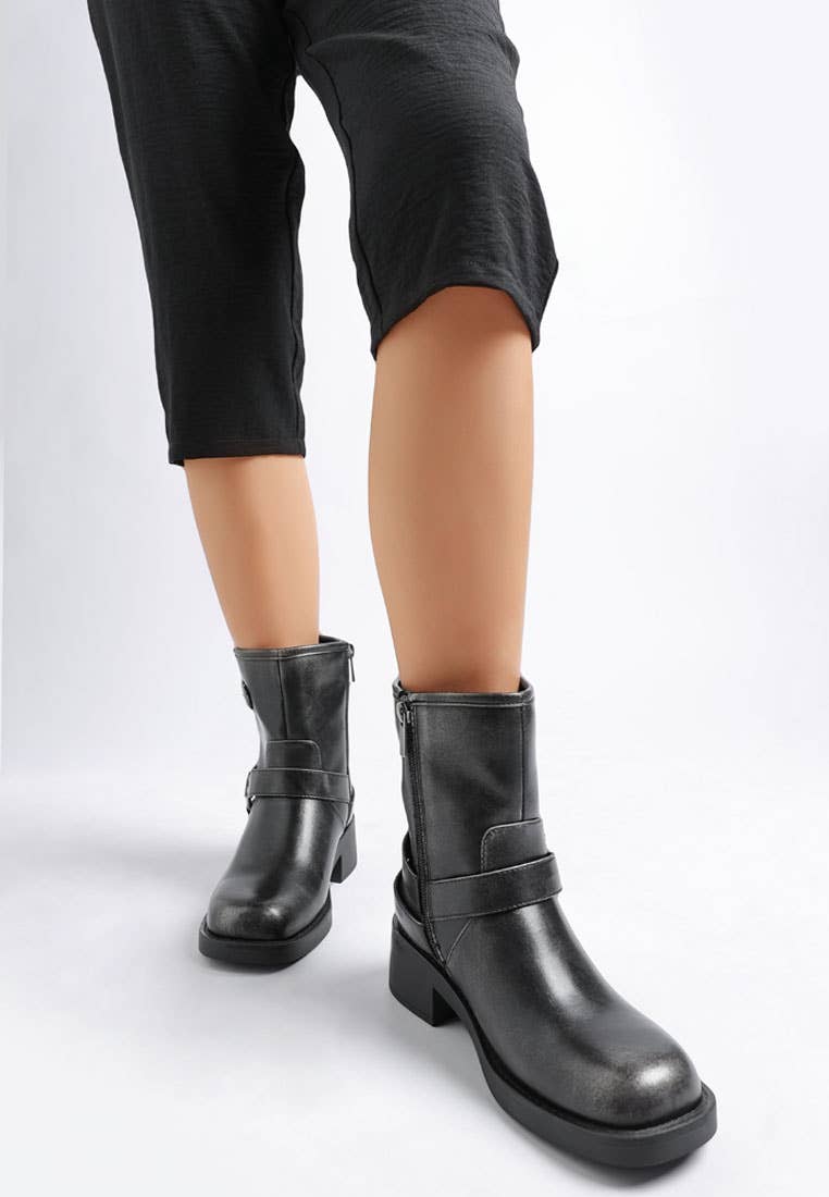 Caribou Harness Detail Biker Boots: Burgundy / US-7 / UK-5 / EU-38