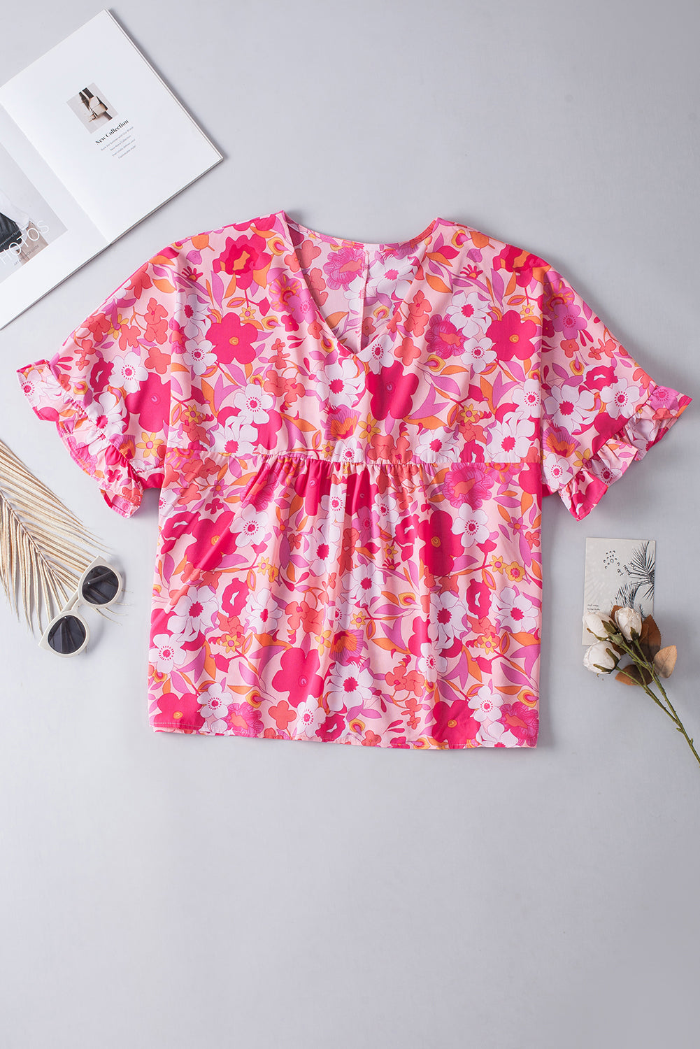 Rose Floral Print Ruffled Half Sleeve Plus Size Babydoll Blouse