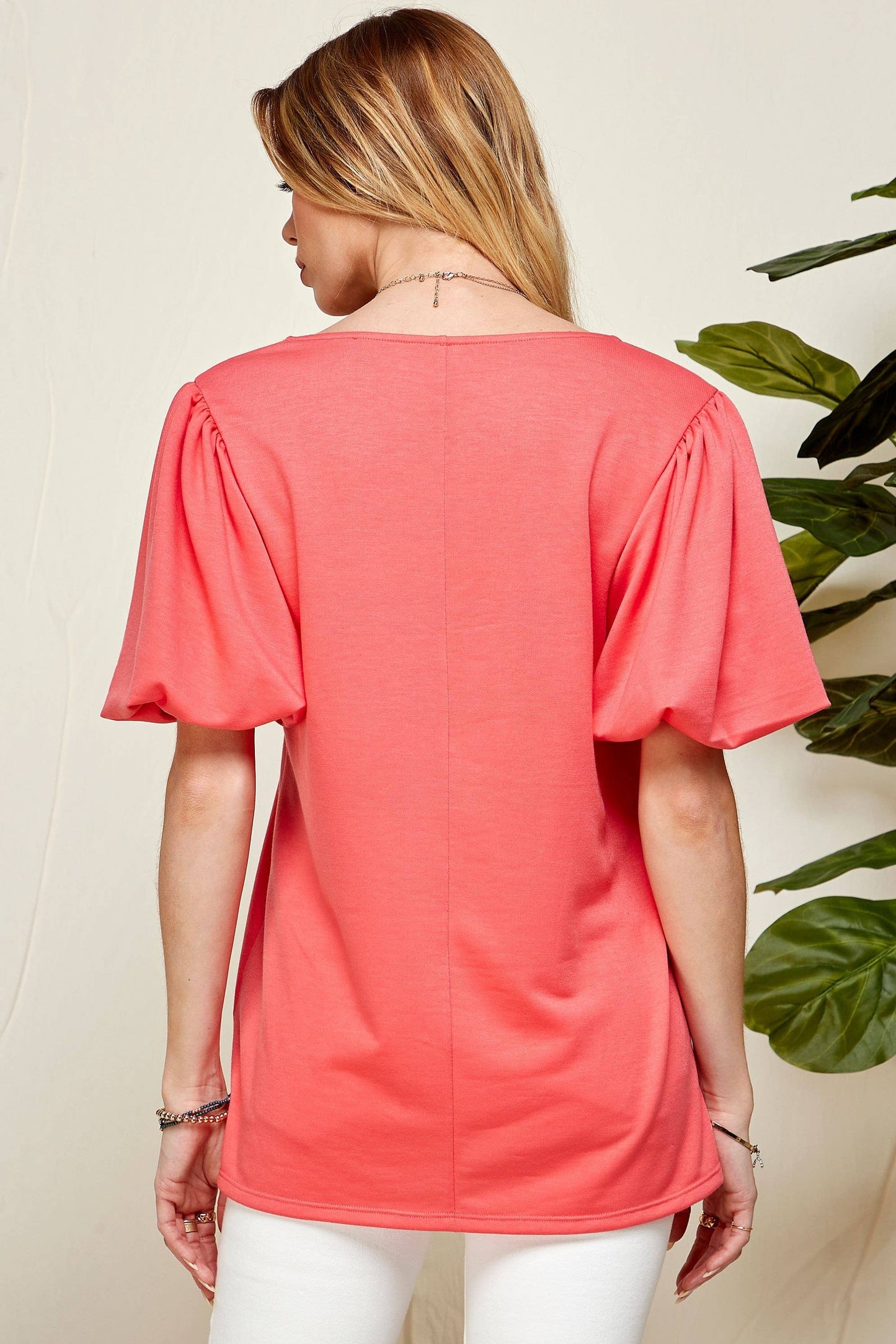 SPT5094 - WOMEN PUFF SHORT SLEEVE SQUARE NECK TOP: CORAL / M