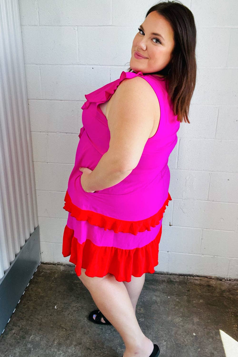 Fuchsia Ruffle V Neck Crepe Tiered Midi Dress (Open Pack): 2X