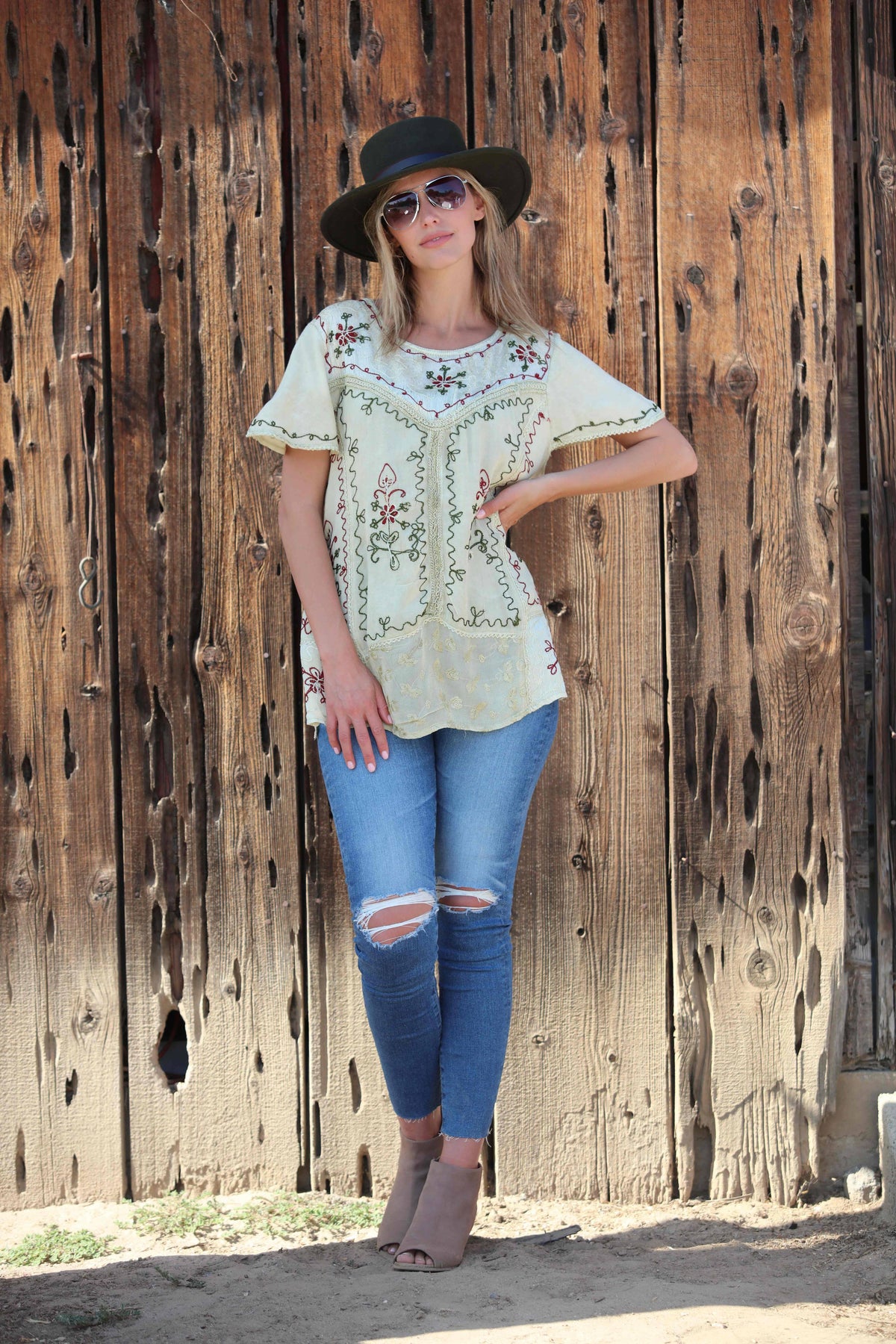 Round Neck Jewel Tone Embroidered Unique Tunic : Denim / One Size Plus