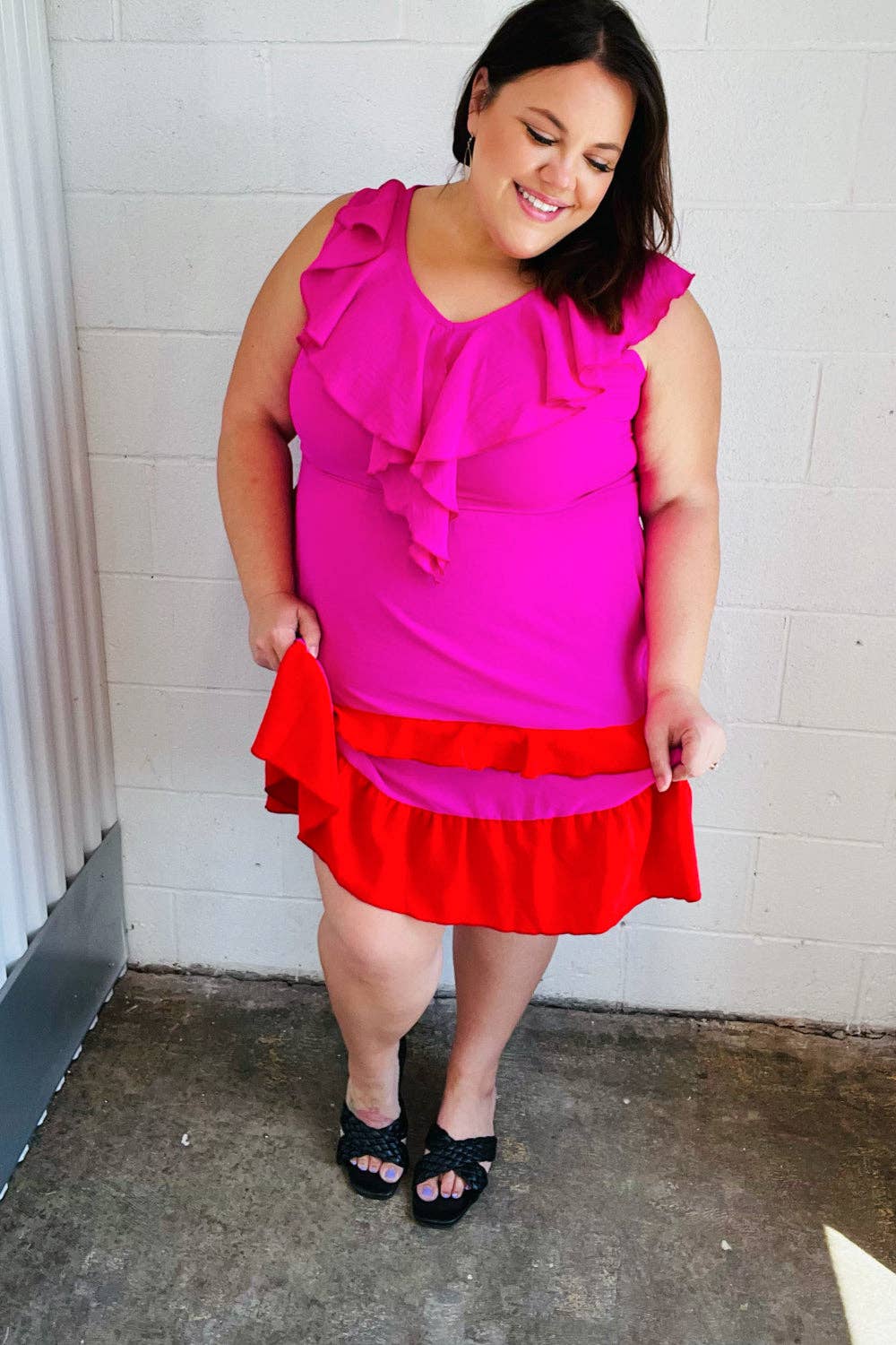 Fuchsia Ruffle V Neck Crepe Tiered Midi Dress (Open Pack): 2X