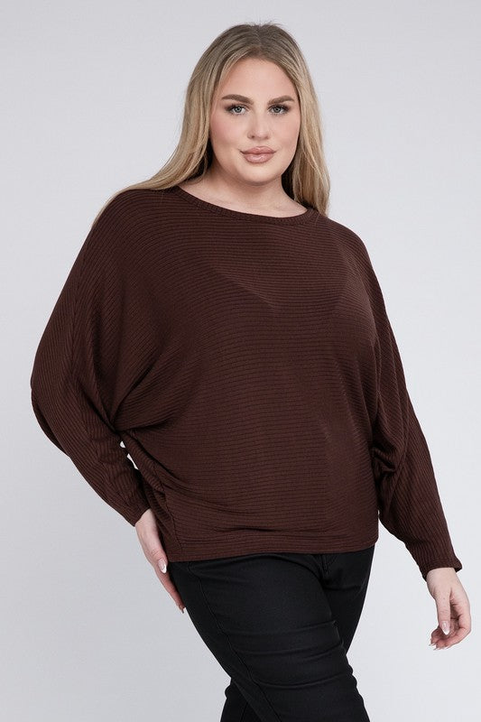 Plus Ribbed Batwing Long Sleeve Boat Neck Sweater