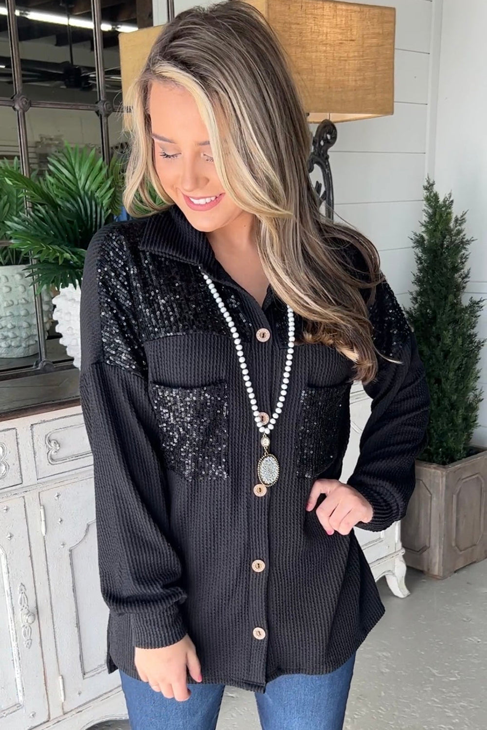 Parchment Sequin Patch Chest Pocket Corded Shacket