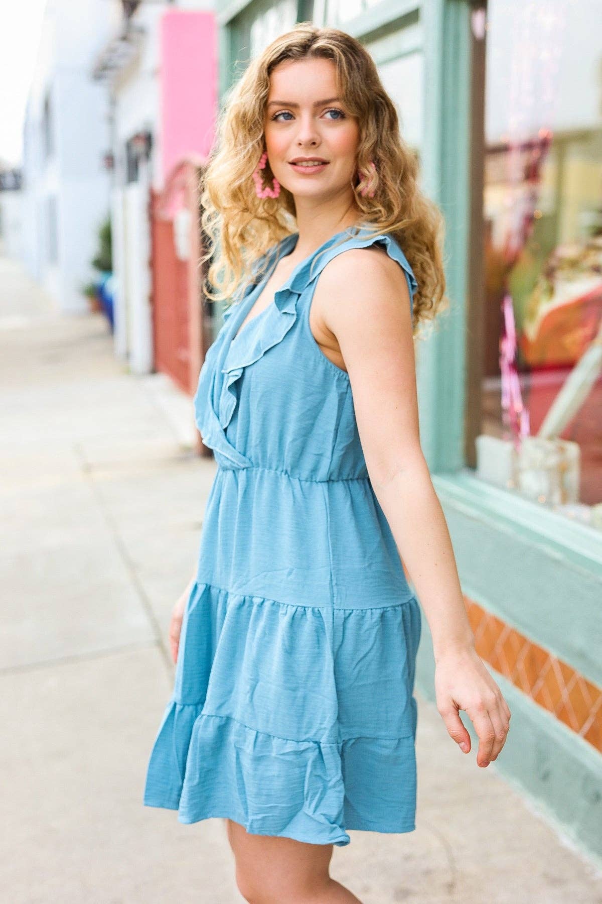 Find Romance Aquamarine Surplice Ruffle Tiered Dress (Open Pack): Large