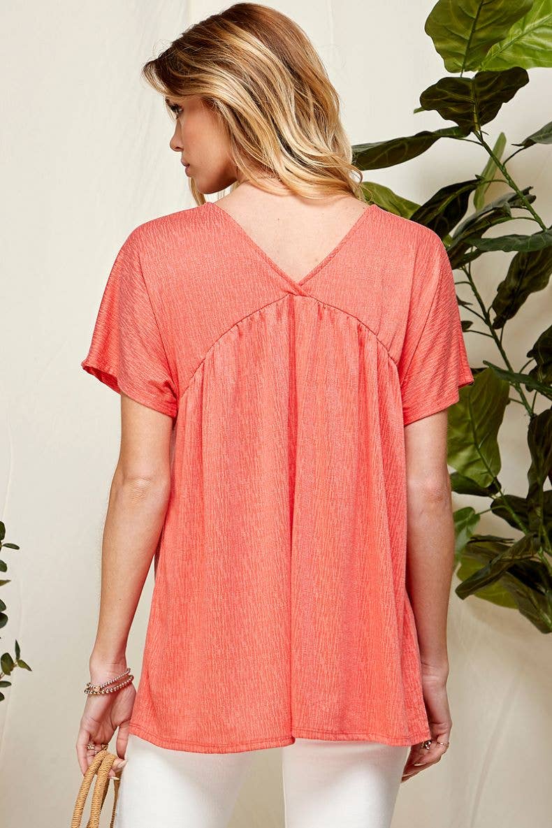 ST21043A - WOMEN SOLID SOFT V NECK BABY DOLL BLOUSE: BLUSH / L