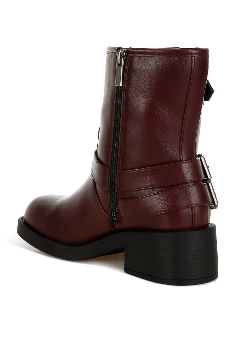 Caribou Harness Detail Biker Boots: Burgundy / US-7 / UK-5 / EU-38