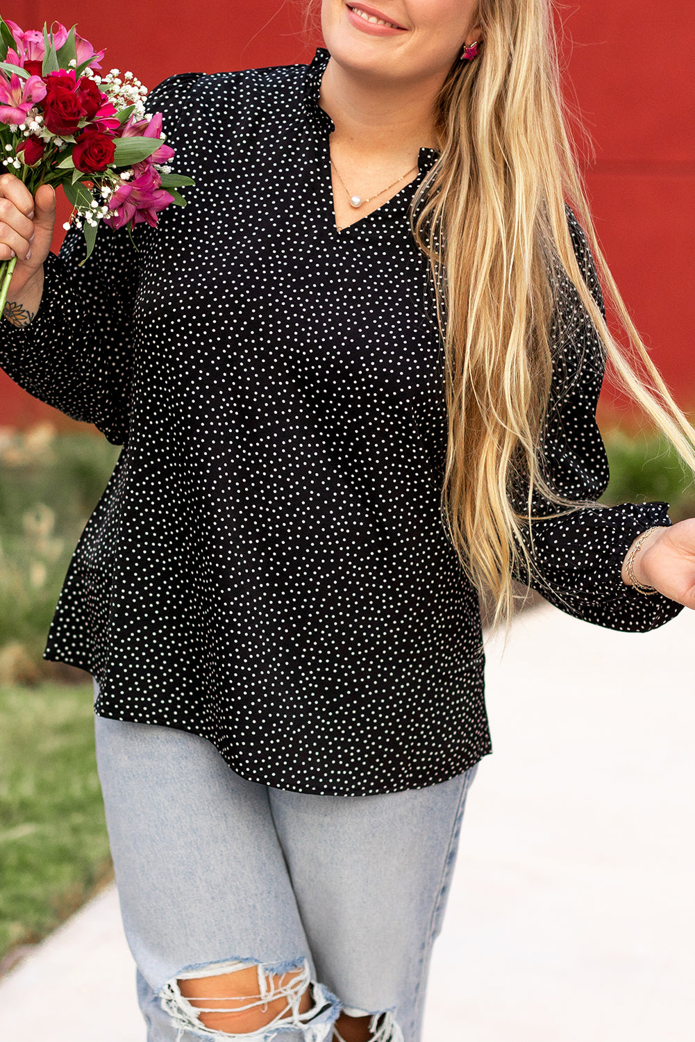 Black Plus Size Leopard Print Notch V Neck Blouse