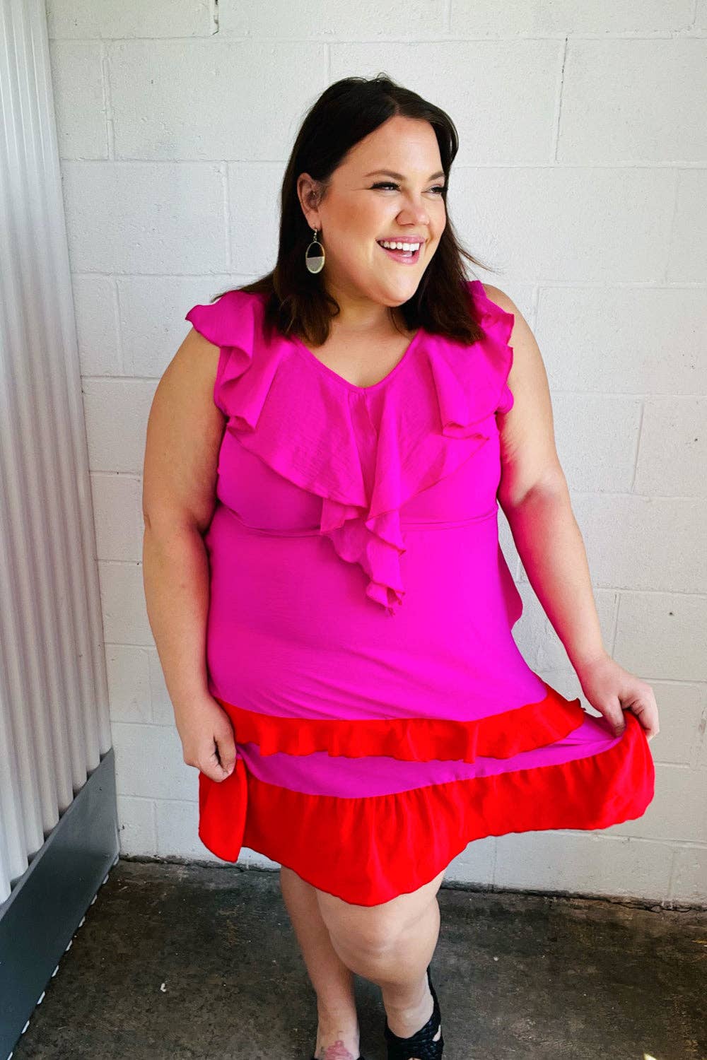 Fuchsia Ruffle V Neck Crepe Tiered Midi Dress (Open Pack): 2X