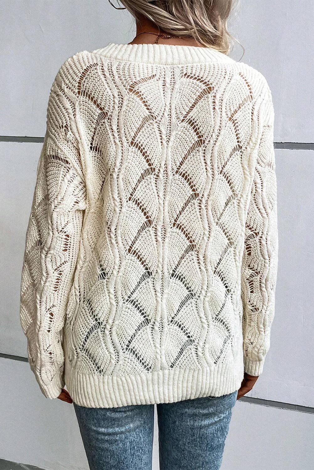 Hollowed Knit V-Neck Sweater: Beige / L