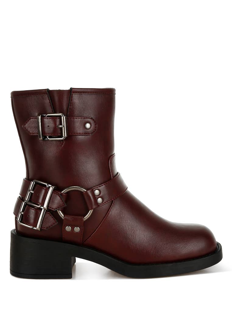 Caribou Harness Detail Biker Boots: Burgundy / US-7 / UK-5 / EU-38