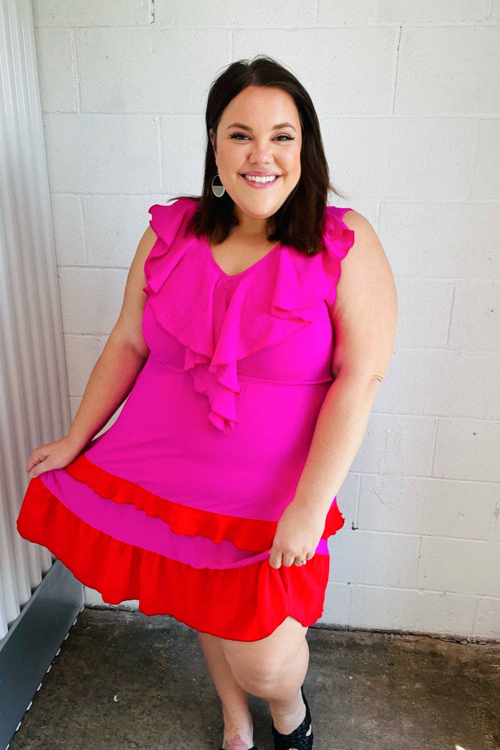 Fuchsia Ruffle V Neck Crepe Tiered Midi Dress (Open Pack): 2X