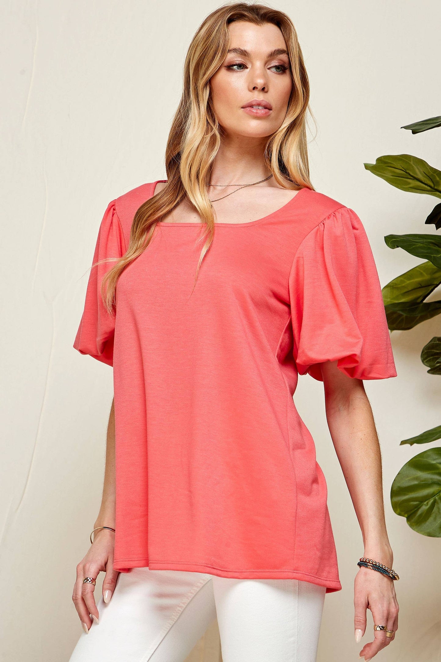 SPT5094 - WOMEN PUFF SHORT SLEEVE SQUARE NECK TOP: CORAL / M