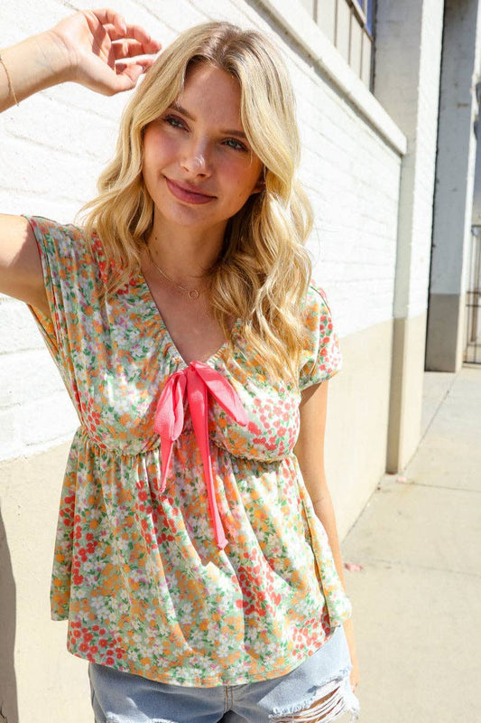 Be Charming Sage Floral Print Elastic Neck Ribbon Bow Tie Top (Open Pack): Large