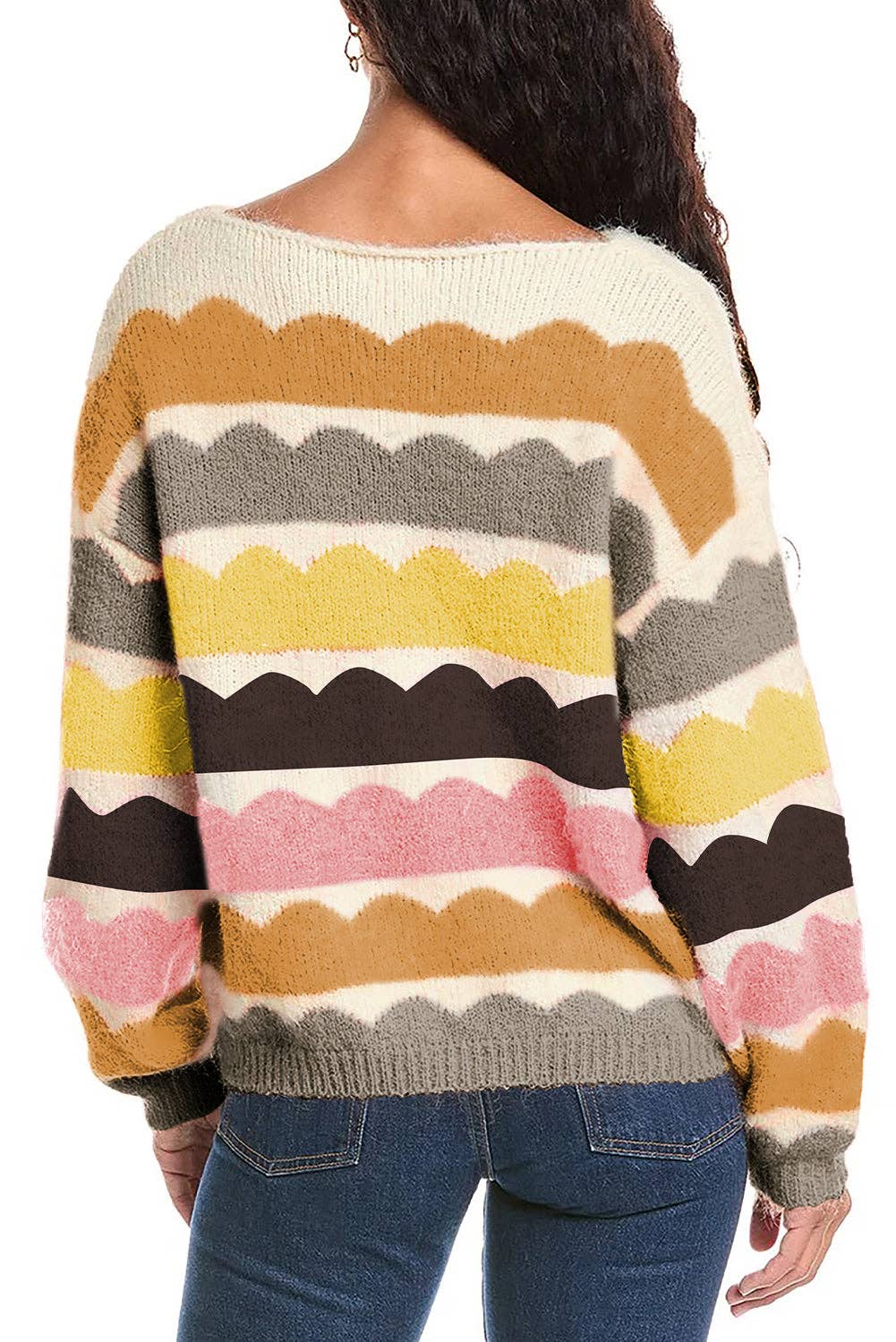 Wave Stripe Balloon Sleeve Sweater: Yellow / L